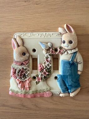 Decorative Bunny Double Switch Plate Cover in Cream, Pink & Blue